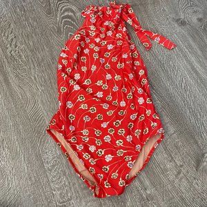 J.Crew Halter Bow-Tie One-Piece Bathing Suit Swimsuit Scoopback Red Floral Sz 8